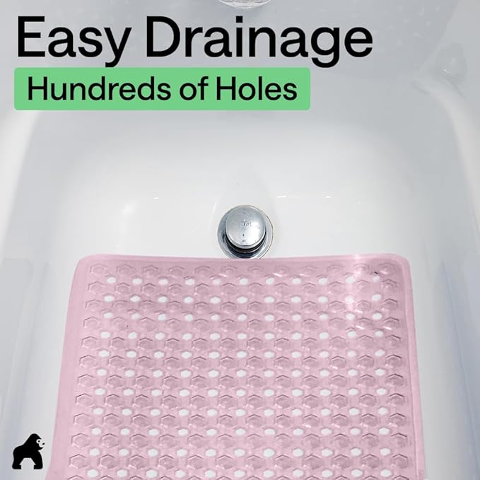 GORILLA GRIP Patented Bath Tub Shower Mat, Machine Washable Bathtub Floor Liner Mats, Suction Cups and Drain Holes to Keep Tubs Clean, Soft on Feet, Bathroom Essentials, 35x16 Inch, Clear Light Pink
