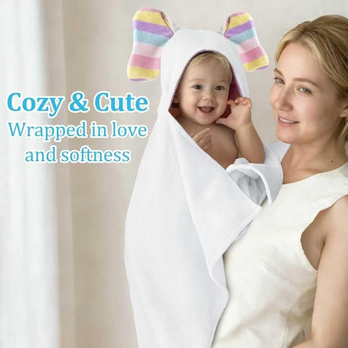 VOOVA & MOVAS Luxury White Baby Hooded Bath Towel - 100% Cotton,500GSM, 33x31.5 Inches,0-2Years, Super Absorbent Large Towel with Cute Elephant Ears Hood for Newborn, Infant, Baby Essentials,White