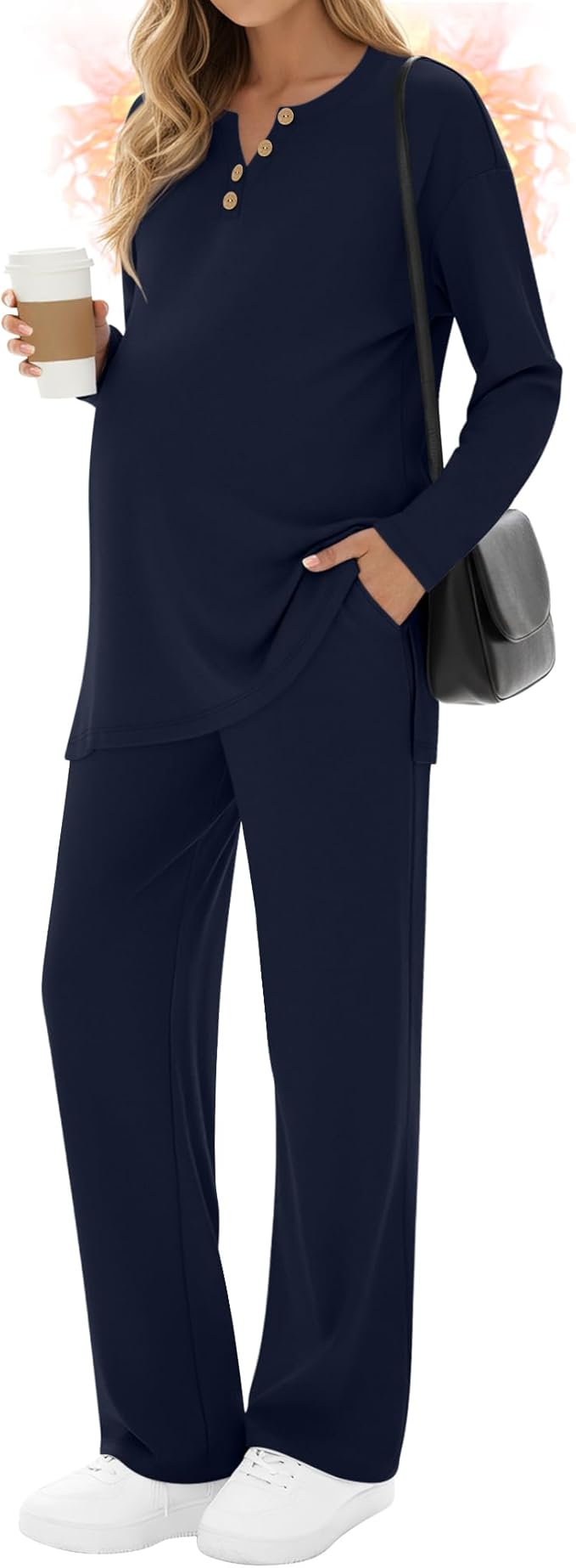 2 Piece Thermal Maternity Lounge Set Postpartum Pregnancy Fleece Loungewear Long Sleeve Top and Wide Leg Pant