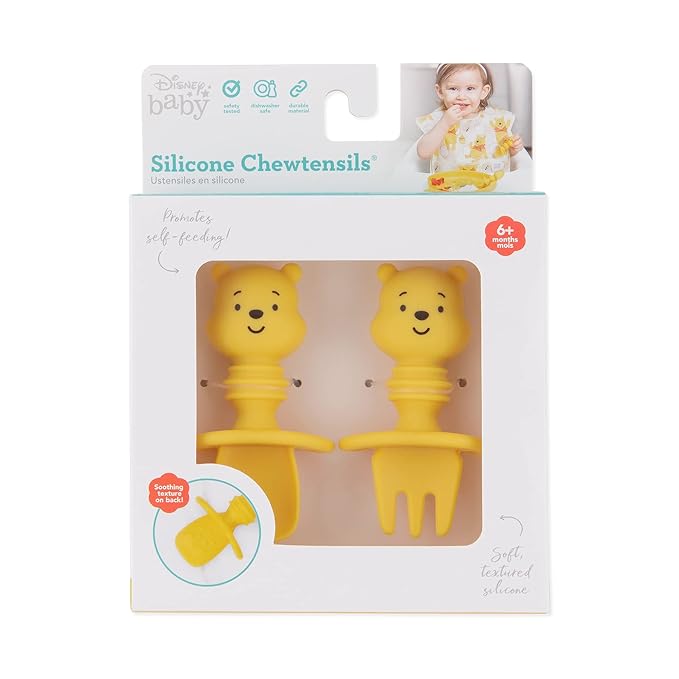 Bumkins Disney Baby Utensils Set, Chewtensils Silicone Spoons for Dipping, Self-Feeding, Baby Led Weaning, Trainer Learning First Stage Stage Eating, Fork and Spoon, Babies 6 Months, Winnie the Pooh