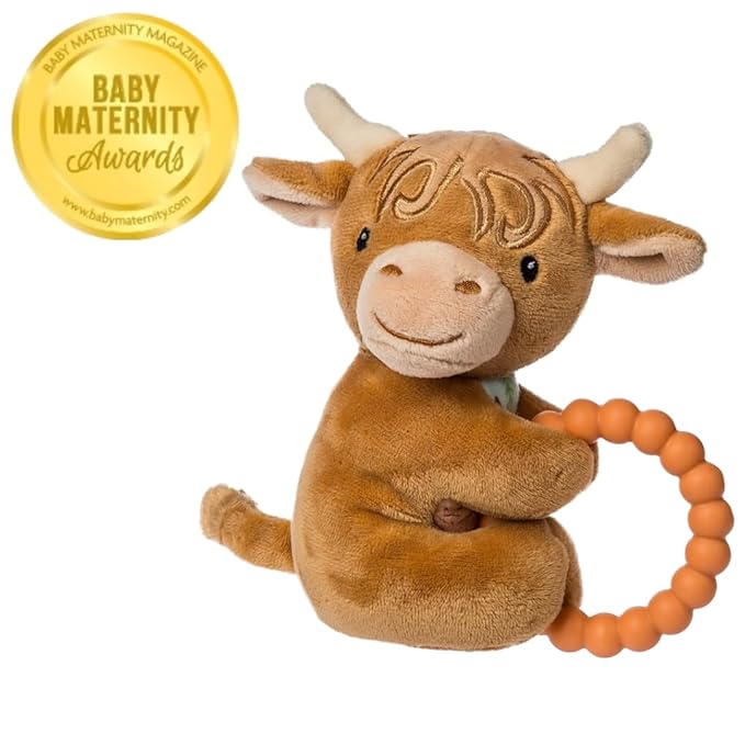 Mary Meyer Soft Baby Rattle with Soothing Teether Ring, 6-Inches, Hetty Highland Cow