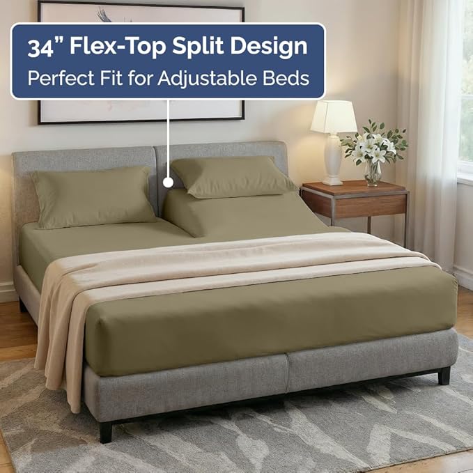Flex Top Split Head King 4 Piece Sheet Set - Comfy Breathable & Cooling Bed Sheets Set - Hotel Luxury Bedding for Women, Men, Kids, Teens, Boys & Girls - Deep Pockets, Ultra-Soft - Oeko-Tex - Khaki