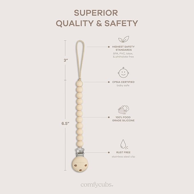 Comfy Cubs Pacifier Clips 2 Pack - 100% Food Grade Silicone Baby Pacifier Clips, BPA & PVC Free - CPSIA Certified, Lightweight and Flexible Baby Gifts - Beige & Light Beige