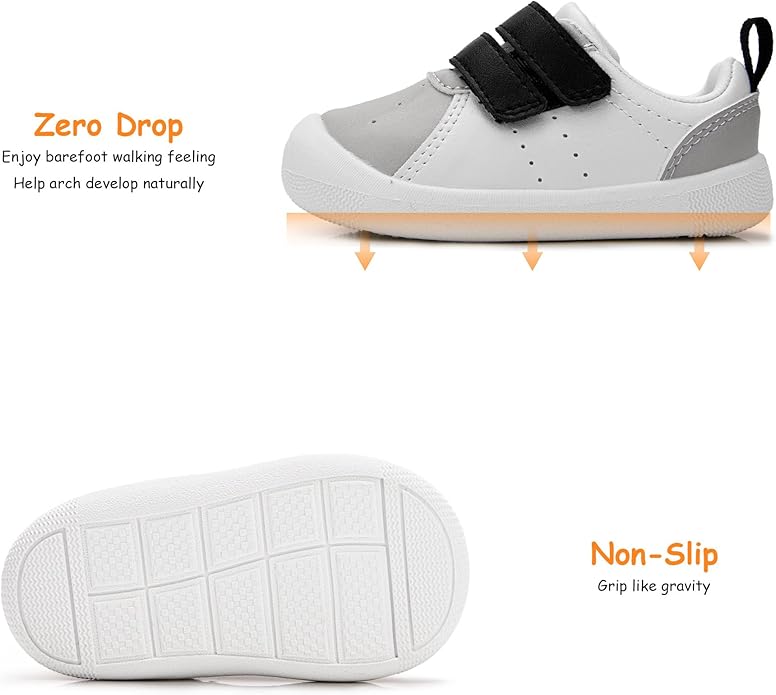 Baby Shoes Boys Girls First Walking Shoes Wide Toe Box Barefoot Zero Drop Infant Shoes Lightweight Nonslip Soft First Walkers PU Leather Toddler Sneakers for 6-24 Months