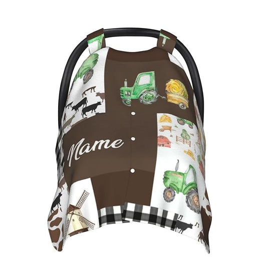 Personalized Farm Theme Baby Car Seat Canopy for Babies with Name, Custom Tractors Green Car Seat Covers for Girls Boys, Opening Minky Nursing Breastfeeding Cover Infant Carseat Canopies for Newborn