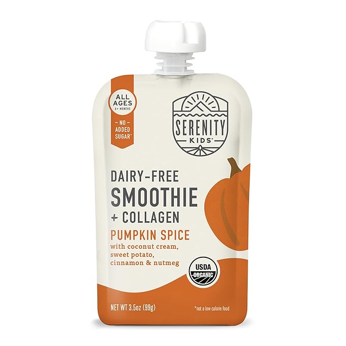 Serenity Kids 6+ Months Dairy-Free Smoothie Baby Food | USDA Organic | Grass Fed Collagen Protein | 3.5 Ounce BPA-Free Pouch | Pumpkin Spice | 1 Count