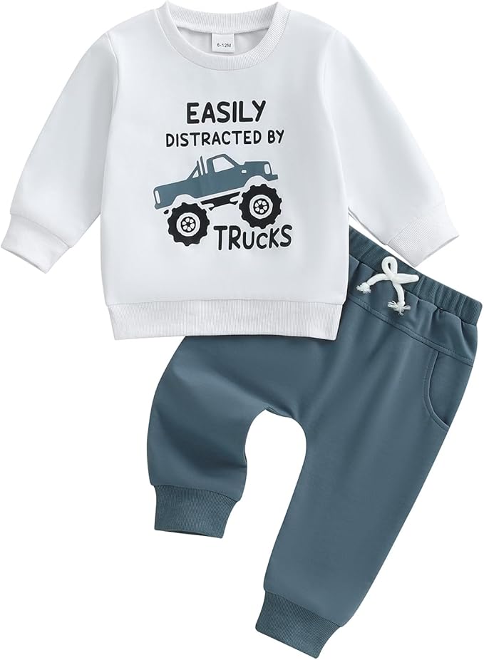 WZTYYDS Toddler Baby Boy Fall Clothes Letter Truck Long Sleeve Pullover Sweatshirt Tops Joggers Pants Set Winter Outfits