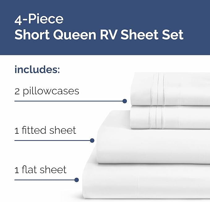 RV Short Queen Sheet Set 60 X 75 - 4 Piece RV Short Queen Bed Sheets - Ultra Soft, Breathable & Cooling - Designed for Bunks, Trailers & Camper - Fits 8” to 12" Mattress - Hotel Luxury Bedding - White