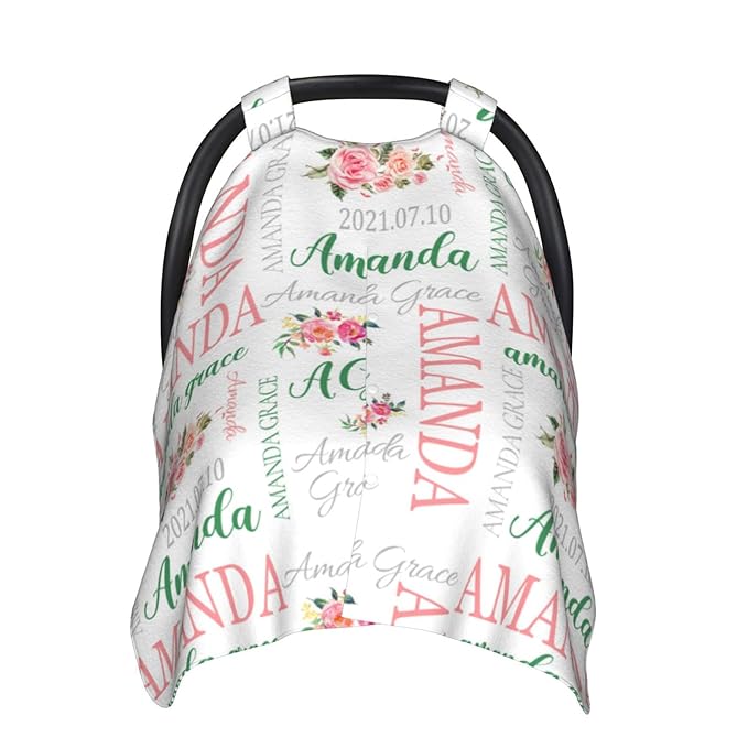 Personalized Monogram Flower Baby Car Seat Canopy for Babies with Name, Custom Car Seat Covers Boys Girls, Peekaboo Opening Minky Nursing Breastfeeding Cover Infant Car Seat Canopies for Newborn
