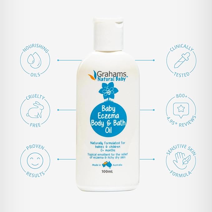 Grahams Natural Baby Eczema Body and Bath Oil - Treat Eczema & Cradle Cap, Relief for Itchy, Dry Skin - Clinically Proven Formula - For Ages 0+ Months to 12 Years (1 x 100ml)
