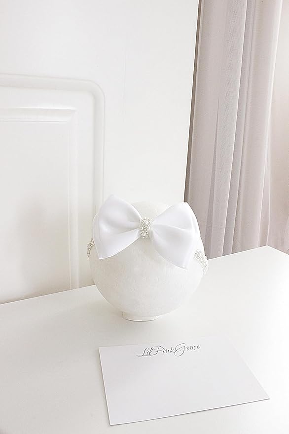 0-12 Newborn Baby Baptism Pearl Headband or Clip with Bow in WHITE Christening Headband with Satin Bow, Pearl Rhinestone Band (Cream(1 Year&up), 1 Count (Pack of 1))