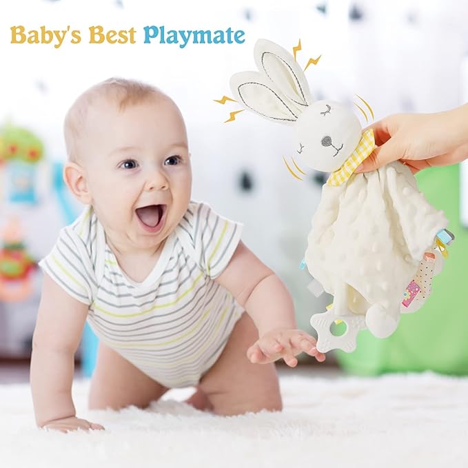 Zooawa Loveys for Babies, Security Blanket Soft Stuffed Animal Bunny Lovey Unisex Lovie Baby Stuff Snuggle Blanket with Tags Teether Bells, Soothing Plush Toys Baby Gift for Newborn, White Rabbit