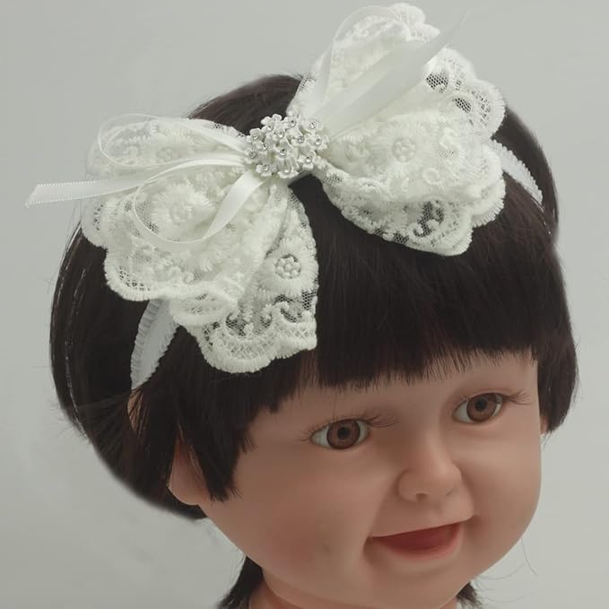 White Baby Bow Headband for Baptism Christening Satin Lace Hair Band with Cross for Toddler (Embroidery Lace white bow with pearl-5, 6 months-2 years old)