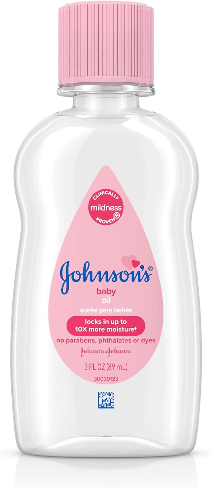 Johnson's Baby Oil, Pure Mineral Oil to Prevent Moisture Loss for Newborn, Kids, and Adults, Gentle and Soothing Baby Massage Oil, Dry Skin Relief, Hypoallergenic, Original Scent, 3 fl. oz