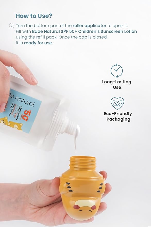 Bade Natural Refillable Cat-Shaped Sunscreen Applicator for Kids – 3.7 fl oz (110 ml) Roll-On Bottle – Empty, Reusable Dispenser for SPF Lotion – Soft Applicator Tip, Travel-Friendly