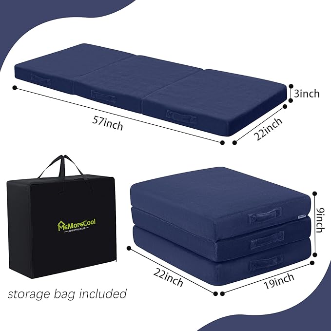 MeMoreCool Foldable Floor Mattress for Kids, Trifold Nap Mat for Toddlers, Portable Daycare Sleeping Futon or Floor Bed, Navy, 57x22 Inch
