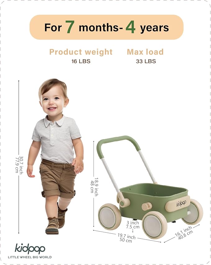 PULA Baby Push Walker with Wheels Toddler Wagon for First Learner Baby Toys 6-12 Months, 1 Year Old Birthday Gifts, Indoors and Outdoors (Green)