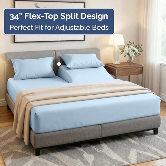 Split Head King Sheet Set – 4 Piece Flex Split Top King Sheets for Adjustable Beds - Fits 14” to 16" Mattress w/ Deep Pockets - Soft, Breathable & Cooling - Luxury Bedding & Wrinkle Free - Light Blue