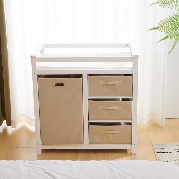 Karl home Modern Baby Changing Table,Dresser Baby Diaper Changing Station with Laundry Hamper,Infant Nursing Table with 3 Storage Drawers,Removable Safety Rail & Strap for Bedroom,Nursery,White
