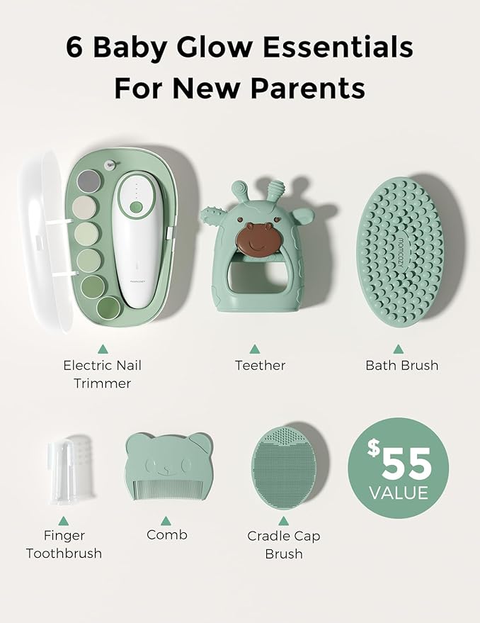 Momcozy Baby Kit, Baby Shower & Registry Essential Kit for Grooming & Cleansing Care, Includes Electric Nail File, Teether, Bath Brush, Cradle Cap Brush,Comb, Finger Toothbrush,Newborn Must-Have