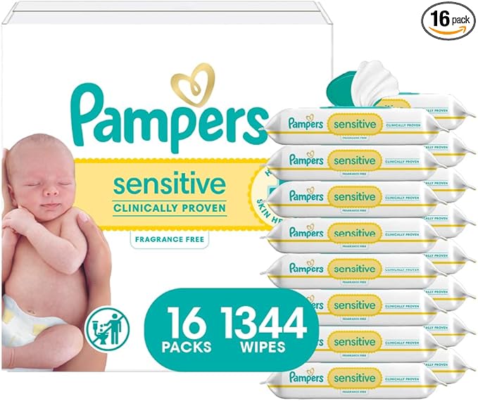Pampers Baby Wipes, Sensitive, Water Based Wipe, Clinically Proven, Hypoallergenic, and Unscented for Babies, 1344 Wipes Total (16 Flip-Top Packs) [Packaging May Vary]