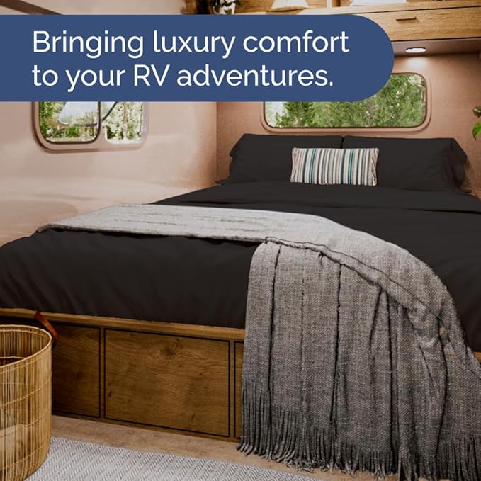 RV Short Queen Sheet Set 60 X 75 - 4 Piece RV Short Queen Bed Sheets - Soft, Breathable and Cooling - Designed for Bunks, Trailers & Campers - Fits 8” to 12" Mattress - Hotel Luxury Bedding - Black