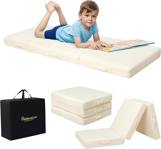 MeMoreCool Foldable Floor Cushion Kids Trifold Play Mat, Kids Folding Seat Pad Portable Lounger, 57x22 Inch Beige