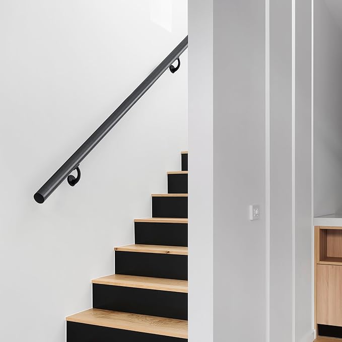 8FT Modern Aluminum Handrail Set, handrails for Indoor Stairs,Deck,Slope, Wall Mounted Staircase handrails, Zink Alloy Brackets Included,Rust Free. (Matte Black, 8 FT)