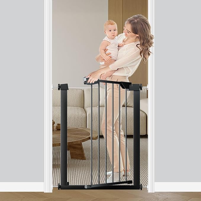 Fairy Baby Narrow Easy Install Baby Gate, 25.6"-28.3" Wide Metal Pet Gate for Small Stairs and Doorways, Auto Close NO Drilling Safety Child Gate for Toddler, No Extensions, Black
