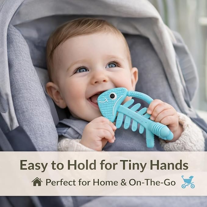 3 in 1 Infant Toys, Baby Teething Toys 3–6 6–12 Months, Teethers for Babies 0–3–6–12 Months for Teething Relief, Baby Gift, Baby Teether Toys, Silicone Sensory Toys, USA Patent Pending, Fish Turquise