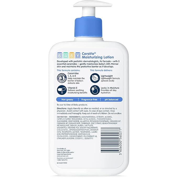 CeraVe Baby Lotion, Gentle Baby Skin Care with Ceramides, Niacinamide & Vitamin E, Fragrance, Paraben, Dye & Phthalates Free, Lightweight Moisturizer, 16 Ounce