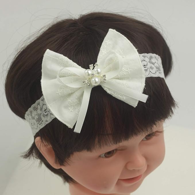 Baby Bow Headband for Baptism Christening Lace Hair Band (0-6 months,A-off white bow with imitation pearl)