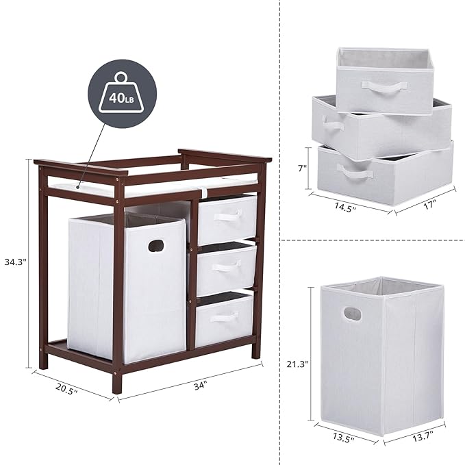 Wooden Baby Changing Table, Modern Diaper Changing Table, Infant Diaper Changing Station Dresser with Laundry Hamper, 3 Drawer Basket and Changing Pad