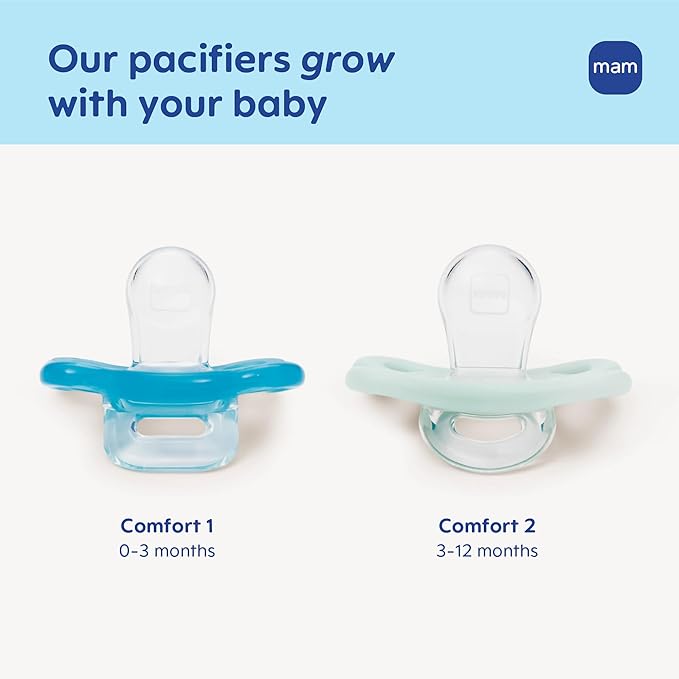 MAM Comfort Baby Pacifiers 0-3 Months Newborns, Lightweight One-Piece Full Silicone Binky, BPA-Free Nipple, Easy to Clean Pacifier, Best for Breastfed Babies, 2 Count, Sterilizer Case, Made in Europe