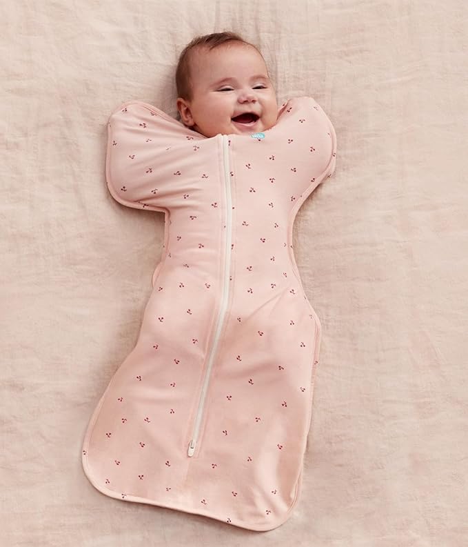 Love to Dream Swaddle Up Bamboo, Arms Up Position, Soft and Luxurious 100% Viscose from Bamboo - Wearable Blanket - 1.0 TOG - (20-24°C) Ideal for Moderate Temps (Cherries Blush, Medium, 6–8.5kg)