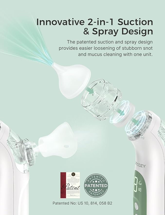 Momcozy BreezyClear™ 2-in-1 Electric Nasal Aspirator for Baby with Spray, 65kPa Hospital-Grade Suction, 4 Adjustable Levels, Quiet & Portable Nose Cleaner with Soothing Light & Music