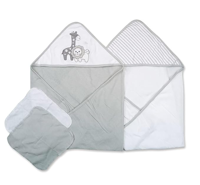 Spasilk Baby 3 Pack Soft Terry Hooded Towel Set for Newborn Boys and Girls Gray Lion One Size