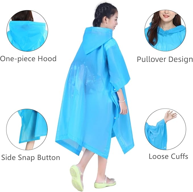 Rain Poncho for Kids (2 Pack), Reusable EVA Children Raincoat Ponchos Rain Jacket with Hood for 6-14 Girls Boys
