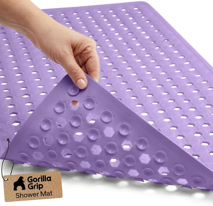 GORILLA GRIP Patented Bath Tub Shower Mat, Machine Washable Bathtub Floor Liner Mats, Suction Cups and Drain Holes to Keep Tubs Clean, Soft on Feet, Bathroom Essentials, 35x16 Inch, Purple Opaque