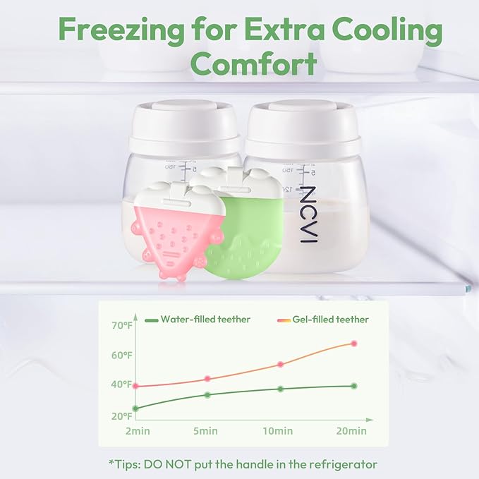 NCVI Freezable Baby Silicone Teething Toys – Cooling Relief for Babies 0-12 Months, BPA-Free, Water-Filled & Ice Teething Toys, Safe & Effective Cold Teethers for Soothing Sore Gums, Pink & Green