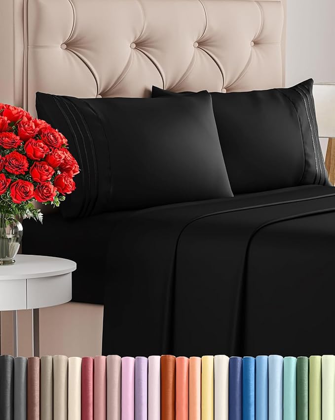 Cal King Size 4 Piece Sheet Set - Comfy Breathable & Cooling Bed Sheets Set - Hotel Luxury Bedding for Women, Men, Kids, Teens, Boys & Girls - Deep Pockets, Ultra-Soft, Wrinkle Free - Oeko-Tex - Black
