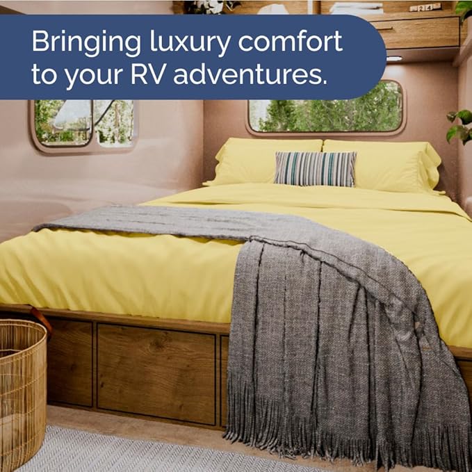RV Short Queen Sheet Set 60 X 75 - 4 Piece RV Short Queen Bed Sheets - Soft, Breathable & Cooling - Designed for Bunks, Trailers and Campers - Fits 8” to 12" Mattress - Hotel Luxury Bedding - Yellow