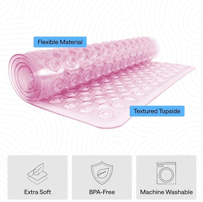 GORILLA GRIP Patented Bath Tub Shower Mat, Machine Washable Bathtub Floor Liner Mats, Suction Cups and Drain Holes to Keep Tubs Clean, Soft on Feet, Bathroom Essentials, 35x16 Inch, Clear Light Pink