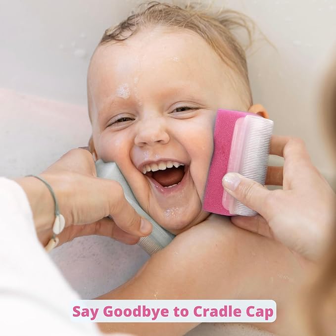 Cradle Cap Brush and Sponge Set for Baby - Bath Essentials for Newborns | Treatment Comb | Baby Bath Sponges (5-Pack Pink)