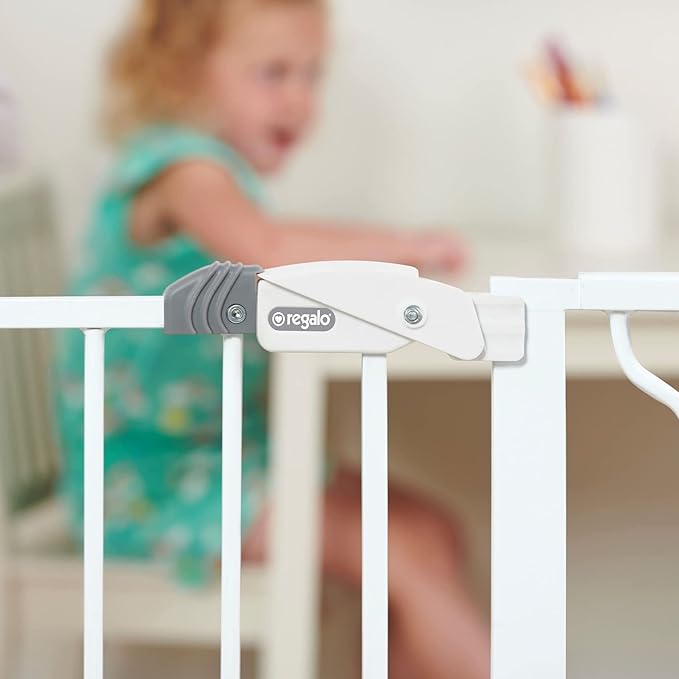 Regalo Safety Baby Gate 56 Inch Extra Wide for Doorways & Bottom of Stairs, Pressure Mount Design for Babies, Toddlers & Pets, Tested & Safe for 30 Years, American Designed, American Owned, White