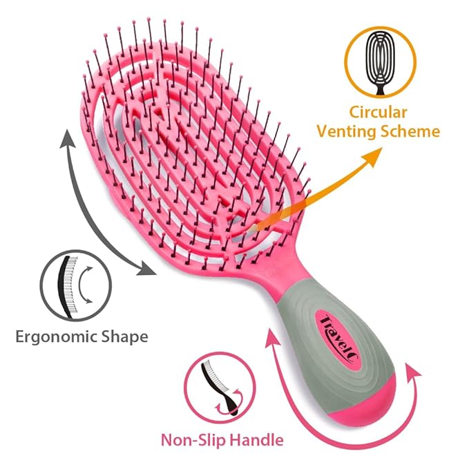 NuWay 4HAIR U.S. Patented Detangler Hair Brush for Men & Women - Pink & Gray | Hair Comb for Scalp Care - Fast Dry Venting Scheme - TravelC Detangling Brush for All Hair Type