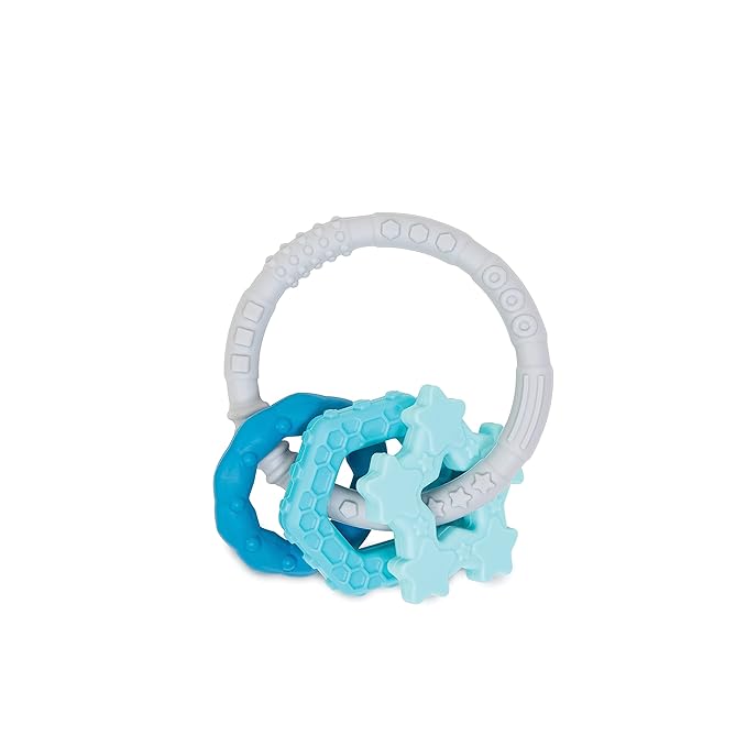 Bumkins Baby Teething Freezer Toy Keys Rings, Soft Flexible Pacifier to Chew, Cool Teether Gum Relief, Babies 3 Months, Freezable Platinum Silicone, Sensory Bracelet with Charms, Blue and Gray