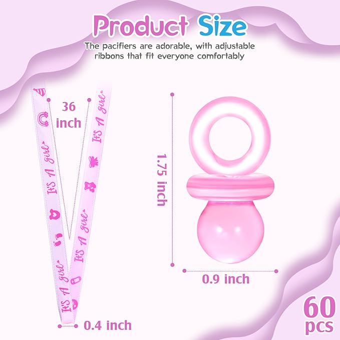 60 Pcs Baby Shower Pacifiers Necklace, Cute Acrylic Pacifier Necklaces for Chupones para Baby Shower Games Charm, Party Favors, Decorations DIY, Gender Reveal Table Scatter(Blue&Pink)
