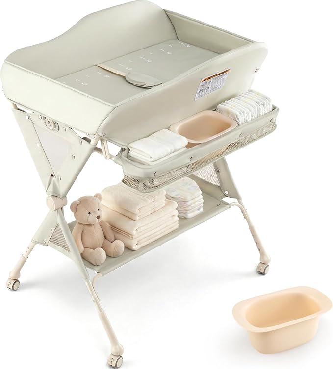 INFANS Baby Changing Table with Wheels, Portable Folding Diaper Station Nursery Organizer with Storage Basket, Hanging Rack, Adjustable Height, Safety Belt for Newborn Infant (Green)