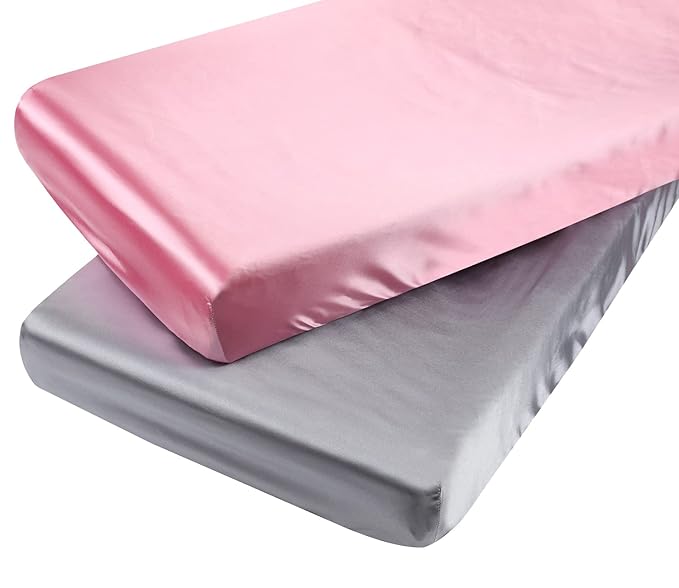 Satin Pack and Play Sheets Fitted Compatible with 4moms Breeze Plus Playard and Other Large Playpen Mattress Protect for Baby Hair and Skin, Grey & Pink